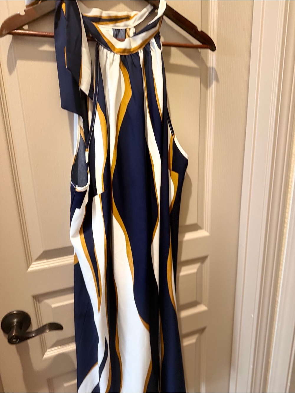 Halter Navy, White & Gold Wave-Print Dress